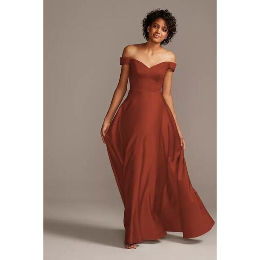 David's Bridal Celebrate Studio‎ Off-Shoulder Satin A-Line Dress Burned Orange 6